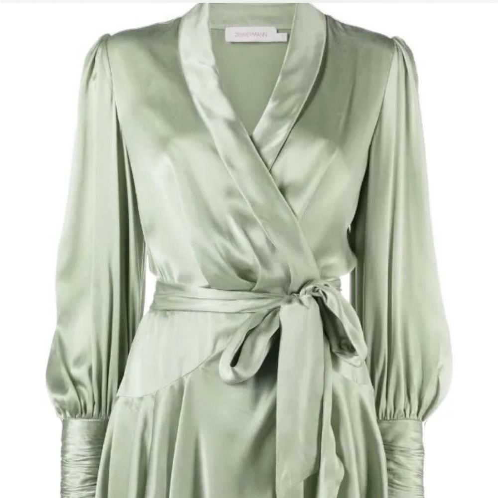 Zimmermann Silk Sage Green Long Sleeves Wrap Mini Dress - Picture 2 of 12